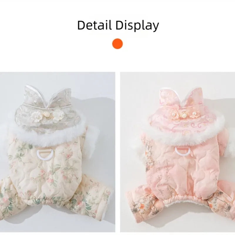 Thick cotton-padded 4-legged dog overalls with Chinese floral pattern faux fur collar and pearl-like buttons in blue