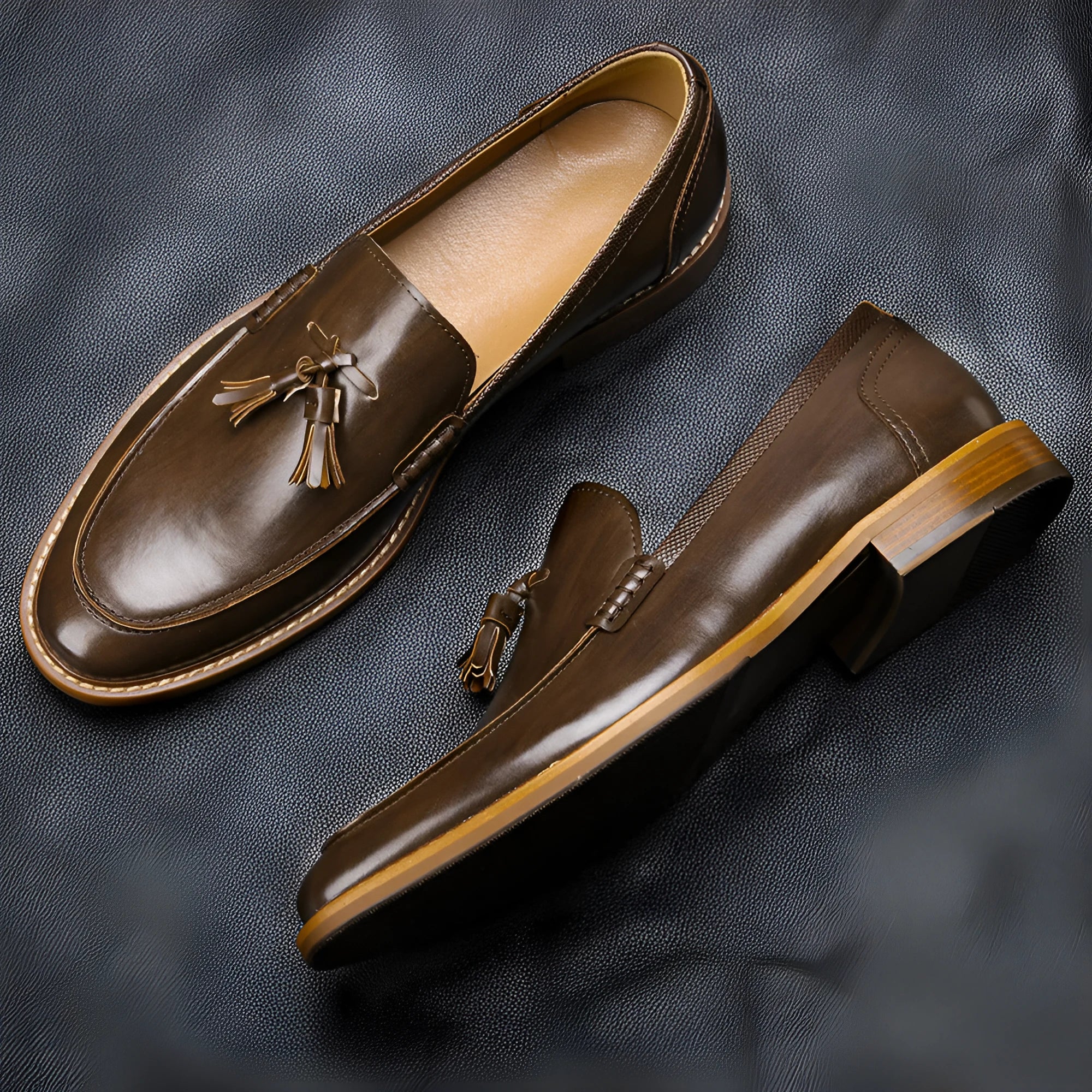 Wood grain tassel loafers, low-top slip-on formal shoes with leather toe cap, PU upper, men's footwear