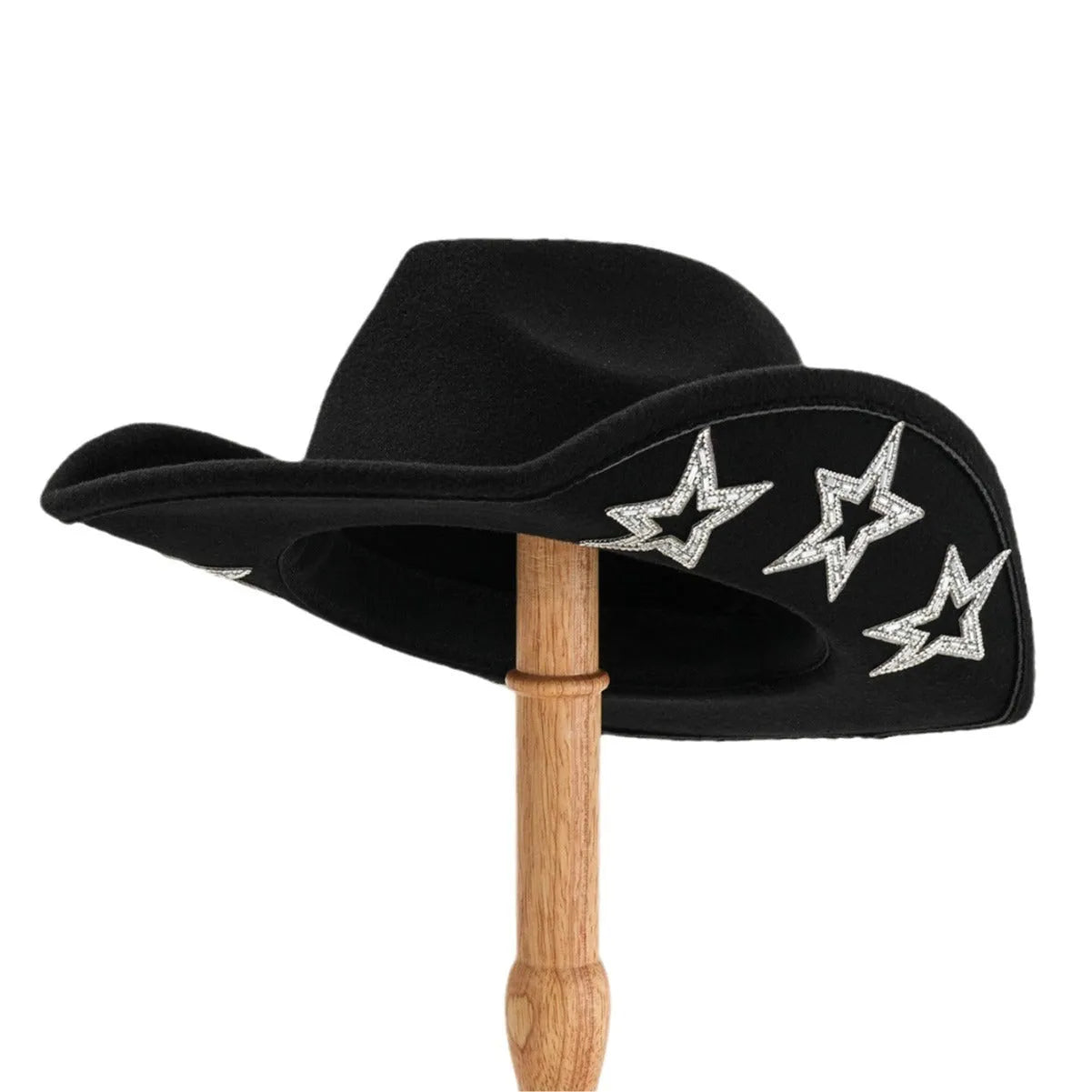 Western denim top hat with conical crown and hexagonal star decoration in medium size M