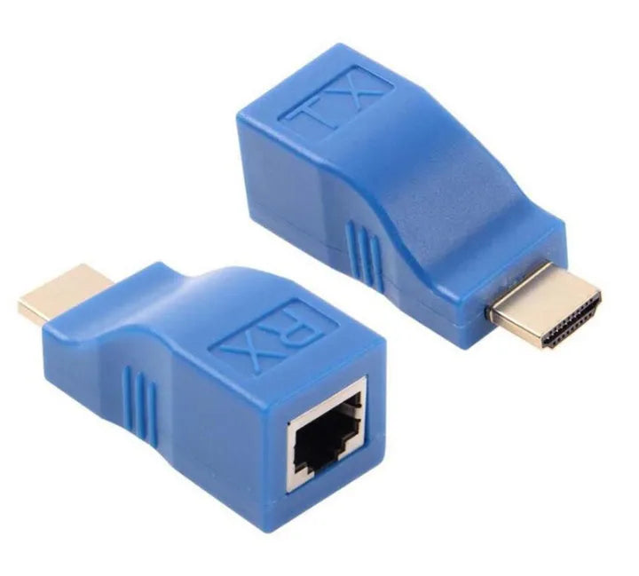 Compact HDMI over Cat5e Cat6 extender transmitter and receiver pair for long distance 1080p signal transmission.