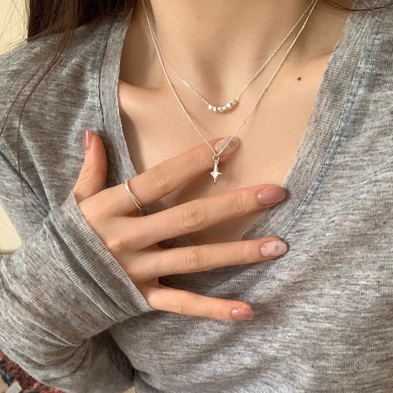 Double layer necklace with opal cross and geometric shape, colour XL3329, for women and girls