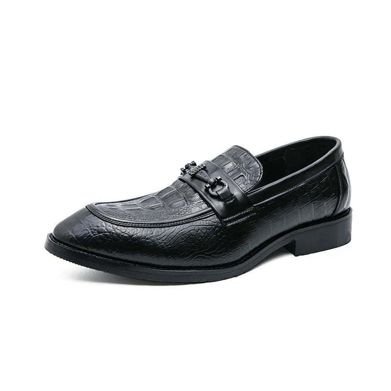 Men's black pointed toe slip-on formal shoes with belt buckle, artificial PU upper, low-top wedding groom's footwear