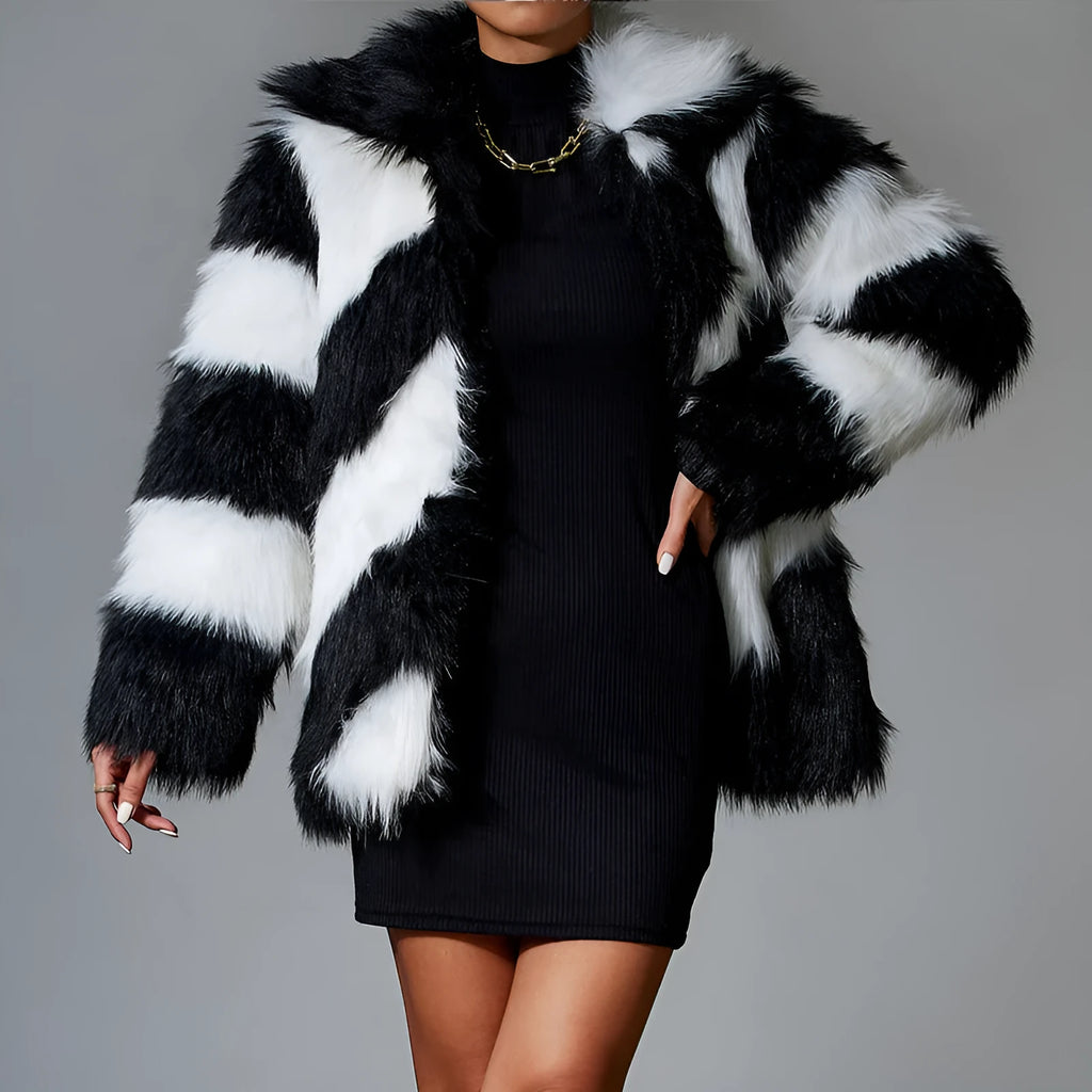 Faux fur coat with contrast lapels and matching fur collar showing 50cm length