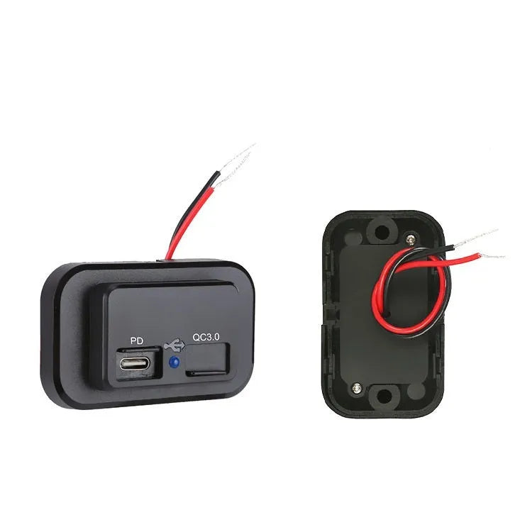 Black QC3.0 and PD compatible car charger with TYPE-C interface for vehicle use