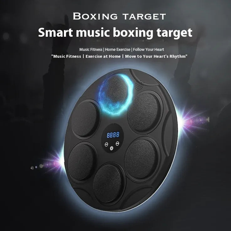 Black smart Bluetooth boxing target with colour-changing LED lights on wall
