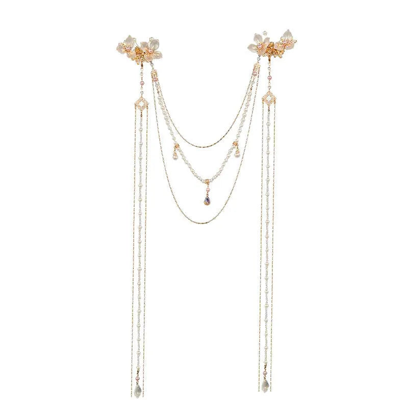Women's gold hairpin with acrylic pearl diamond flower decoration and long tassel