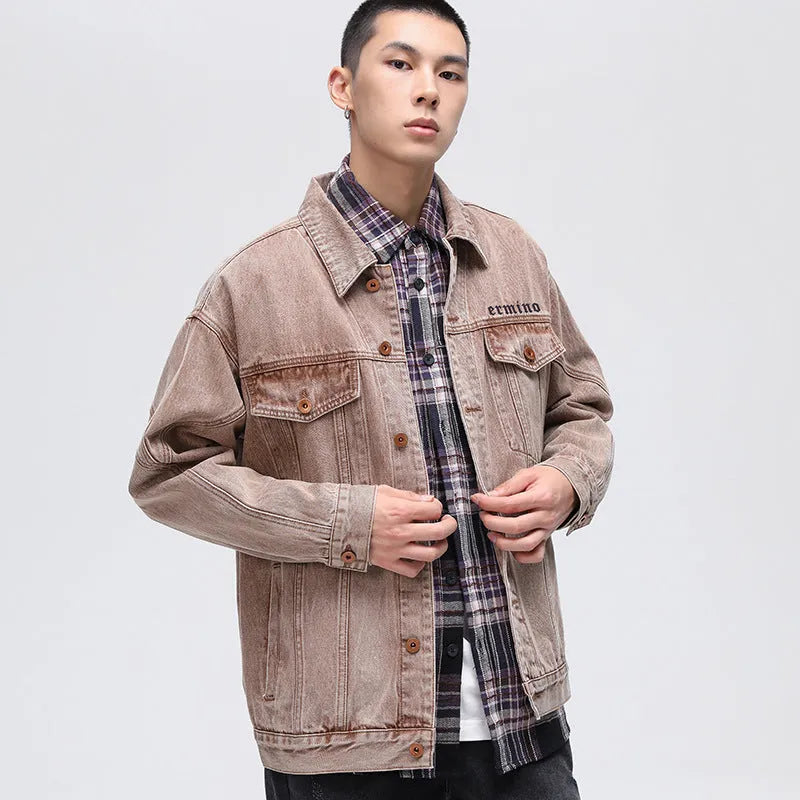 Men's vintage denim jacket in brownish red, loose fit, cross detail, lapel collar, cotton denim, sizes M-5XL.