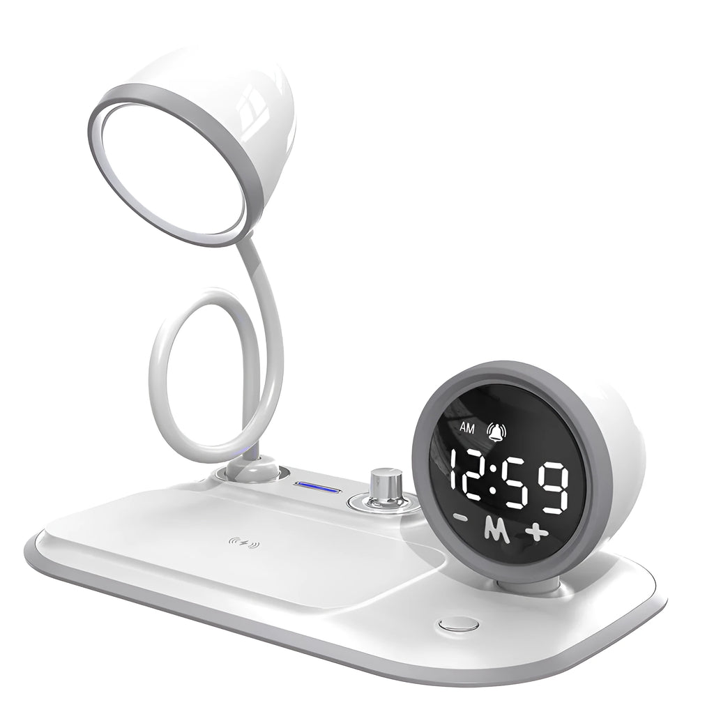 White three-in-one desk lamp with digital clock display, wireless charging pad top, and 49 LED light beads.