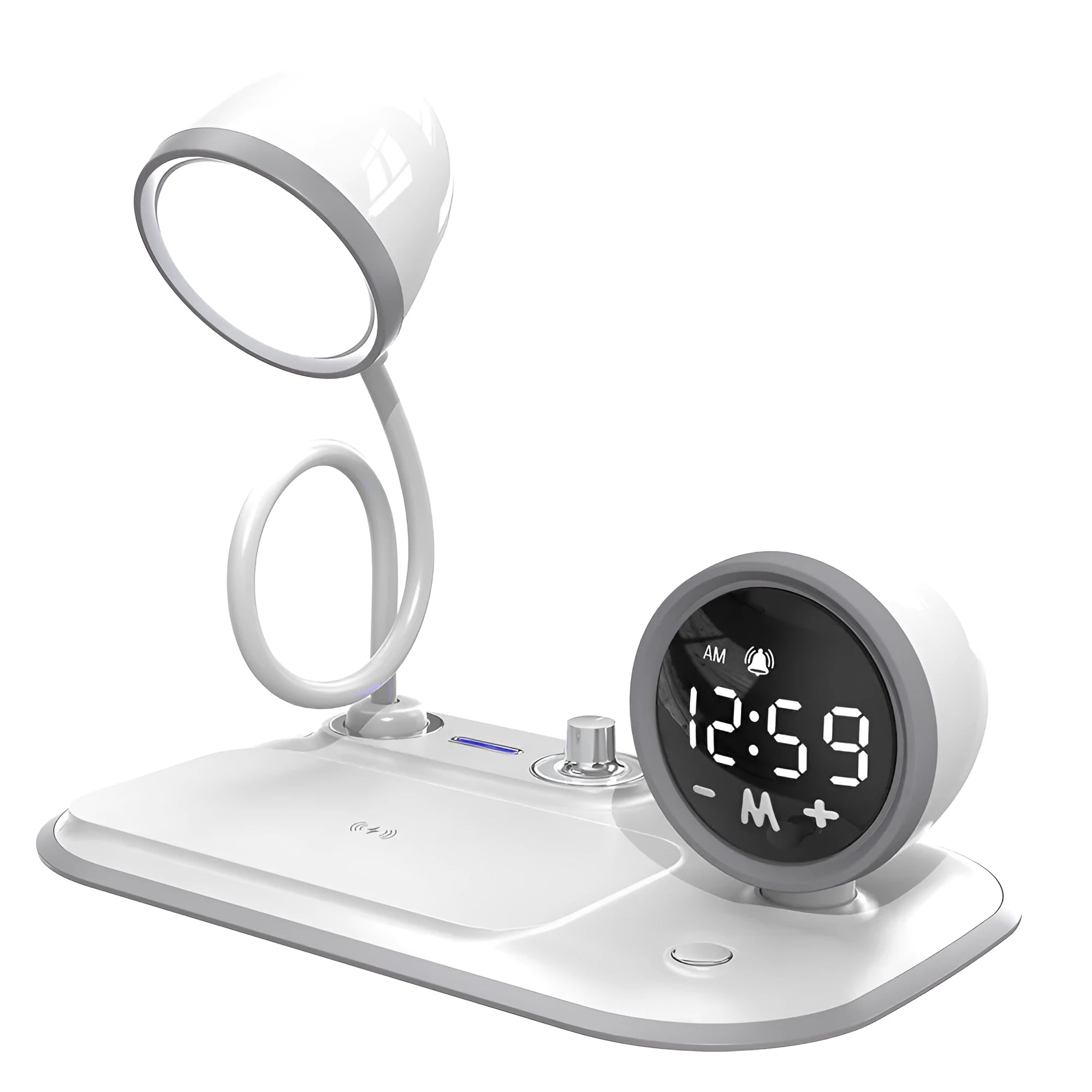 White three-in-one desk lamp with digital clock display, wireless charging pad top, and 49 LED light beads.
