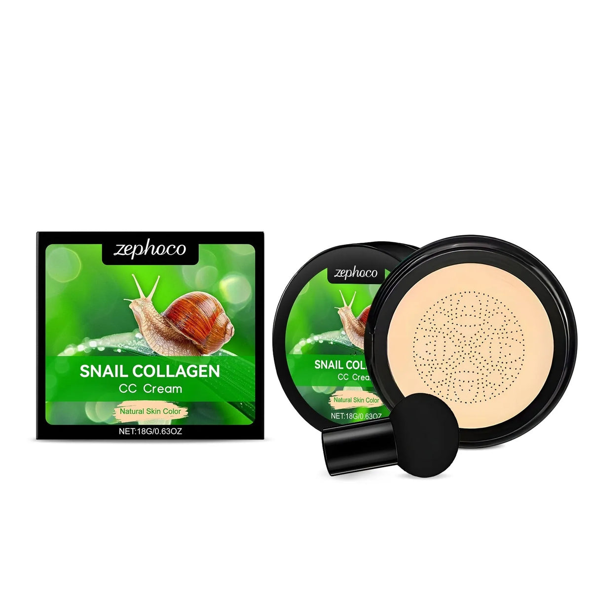 ZEPHOCO moisturising CC cream foundation tube with mushroom powder puff in ivory white and natural colours