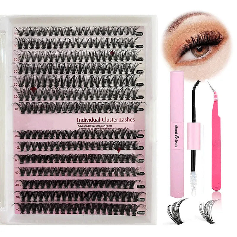 DIY false eyelashes cluster package showing 30D and 40D density lashes with tweezers in 9-16mm lengths