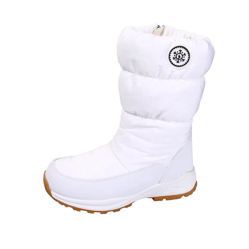 Women's mid-calf snow boots with synthetic short plush lining, waterproof silk upper, side zipper and chunky mid heel