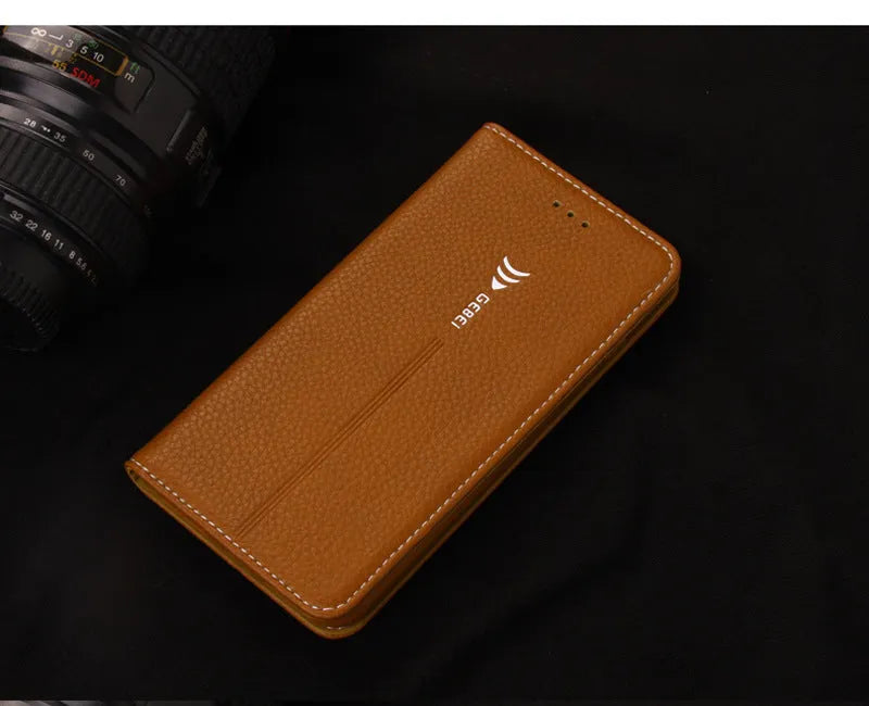 PU leather wallet phone case for iPhone with card slots in black, blue, brown, khaki, and pink colours.