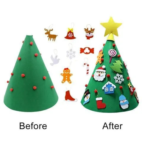Felt Christmas tree three-dimensional craft set 50x60cm with felt ball ornaments on a white background