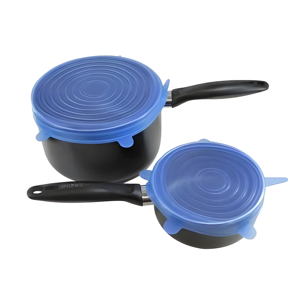 Scute Lids reusable silicone stretch lids in round and square shapes, various sizes and colours including blue, green, pink, white and yellow.