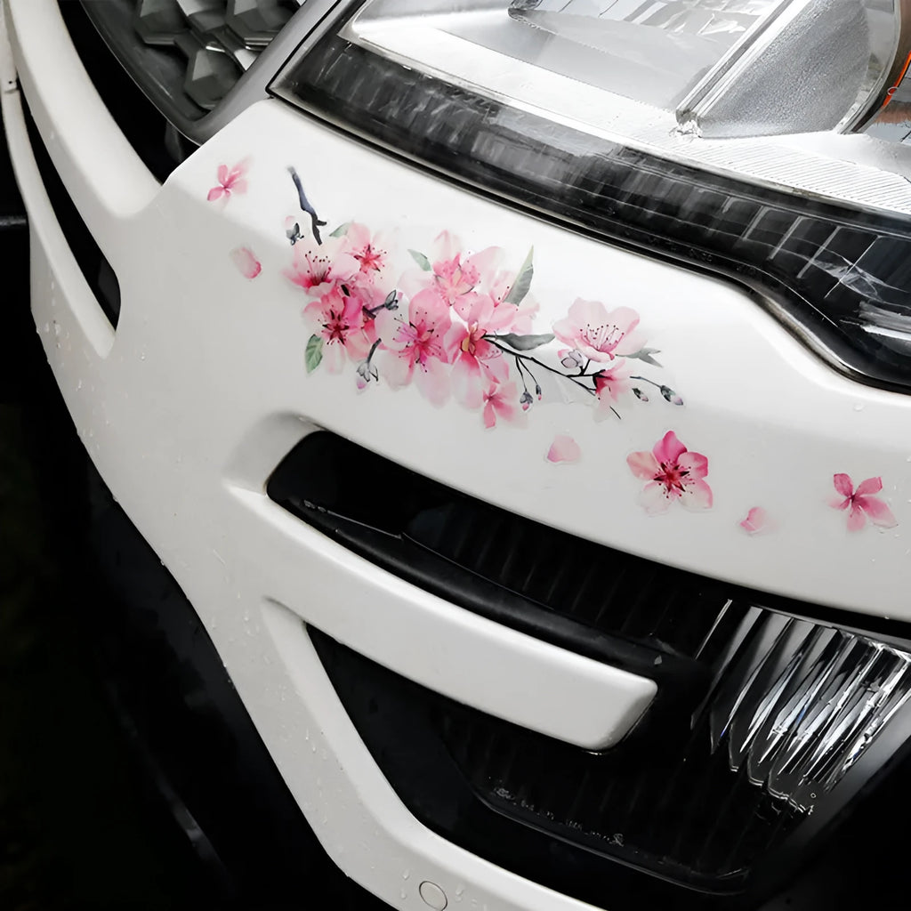 Cherry blossom pattern car sticker on vehicle surface showing two size options