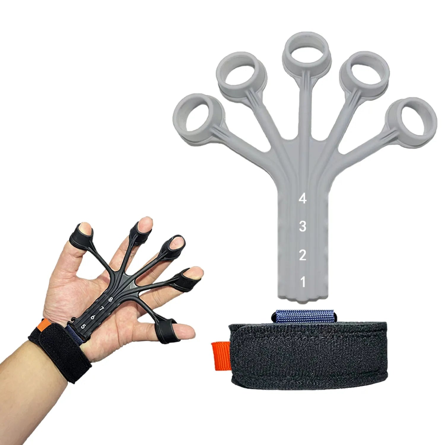 Black silicone finger trainer with adjustable belt for hand rehabilitation exercises