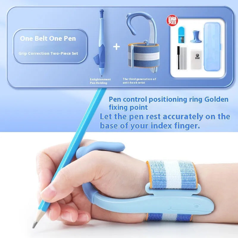 Blue anti-hook wrist brace corrector for handwriting posture and pencil grip training