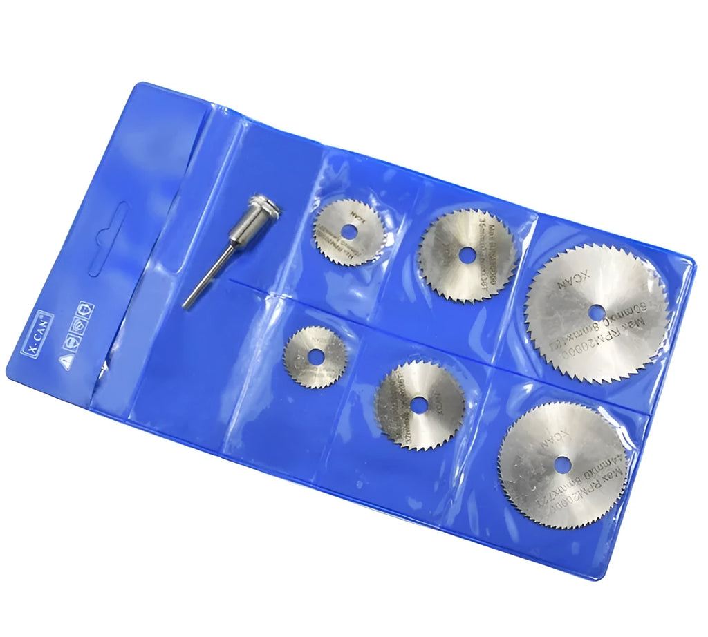 Set of six circular saw blades and a mandrel for woodworking tools.