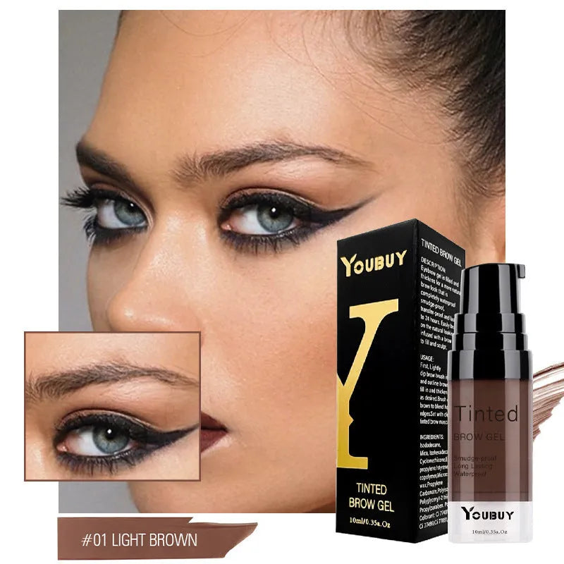 Waterproof brow cream tube with applicator in dark grey or golden yellow for eyebrow definition