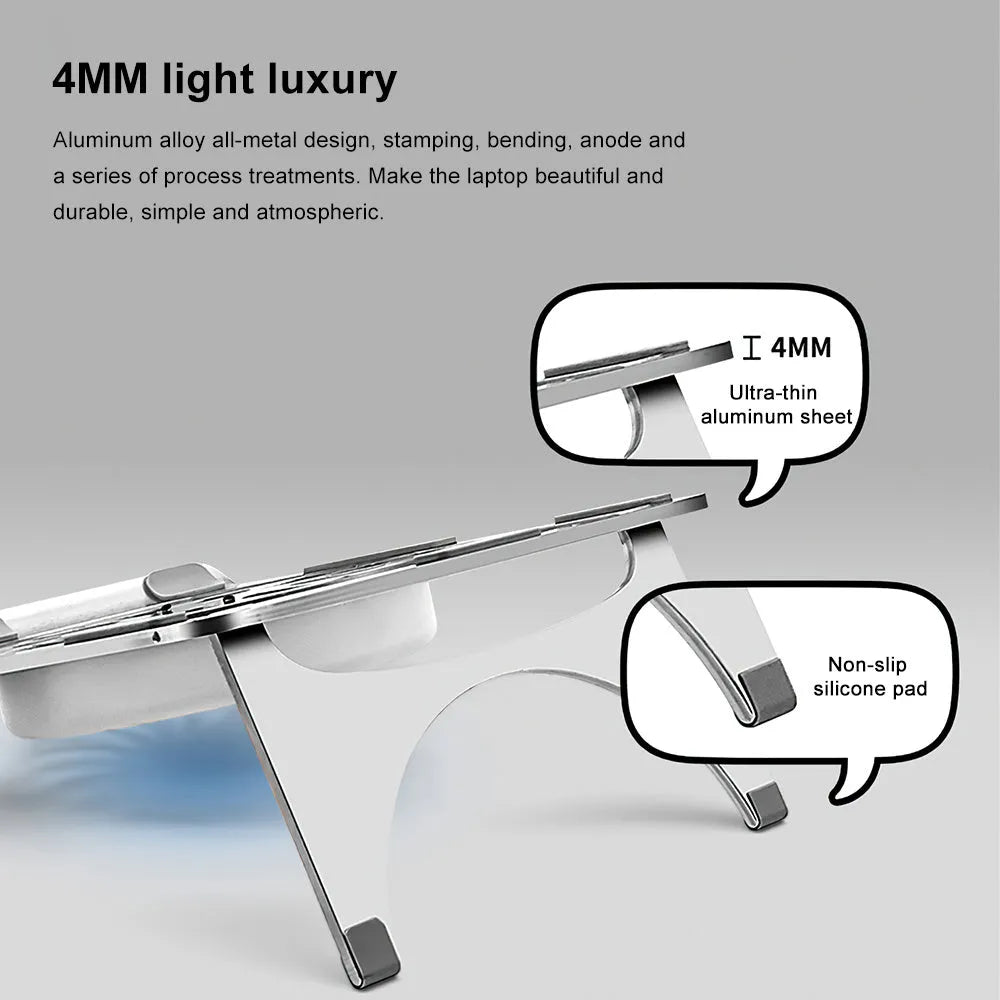 M9 silver aluminium alloy folding laptop stand on desk with closed legs