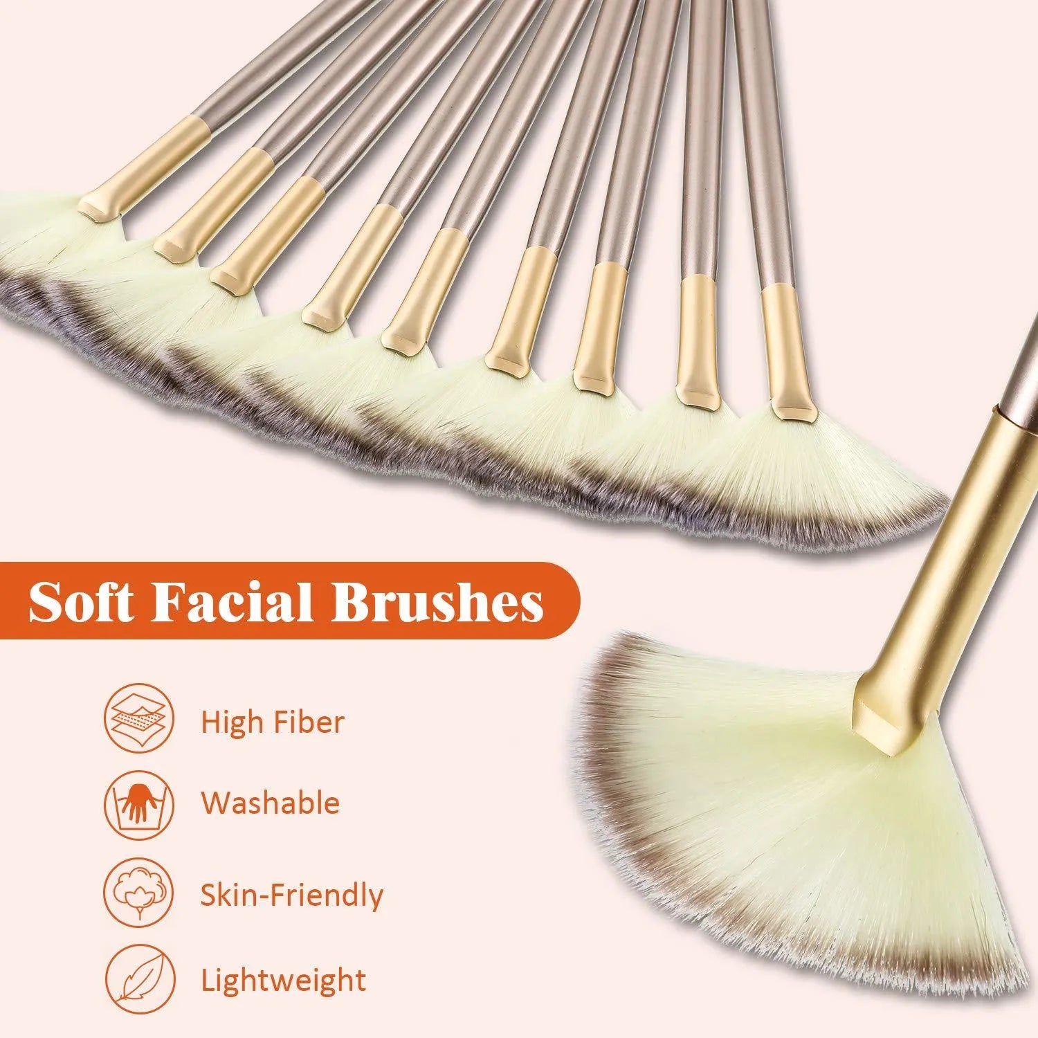 10 professional facial fan brushes with champagne handles and protective covers for makeup and skincare