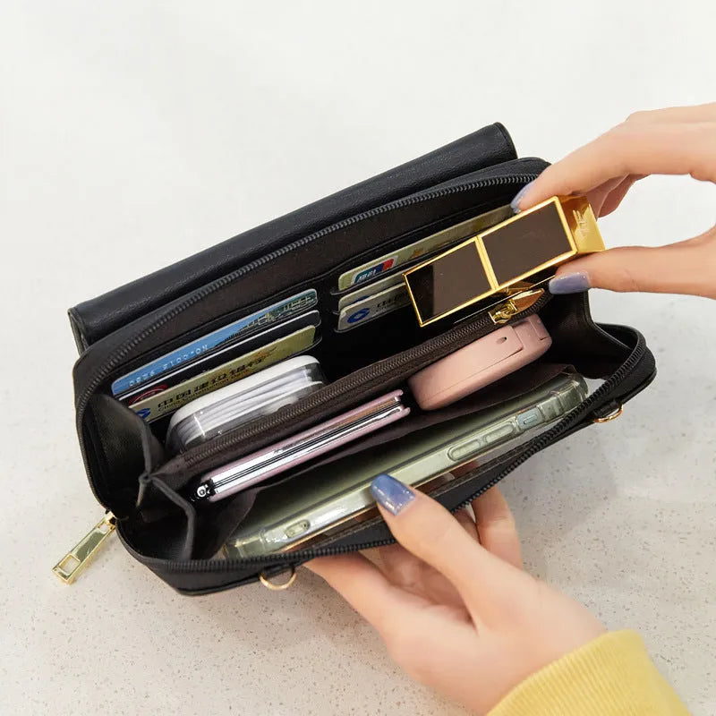 Anti-theft touch screen phone bag crossbody wallet in PU leather, 20.5cm width, multiple colours