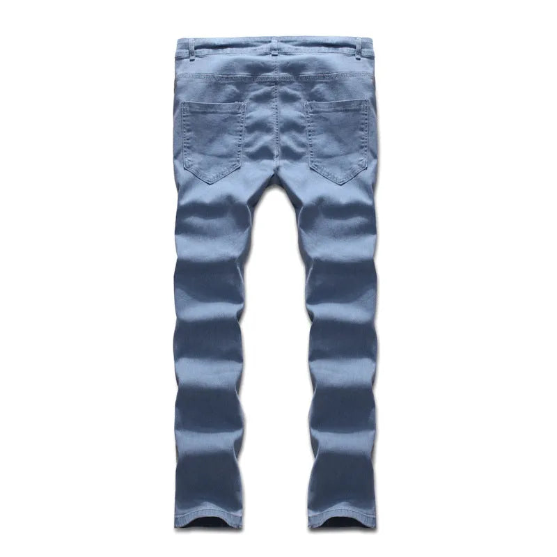 Men's blue polyester denim trousers with mid-waist cut and button placket, sizes S to 3XL