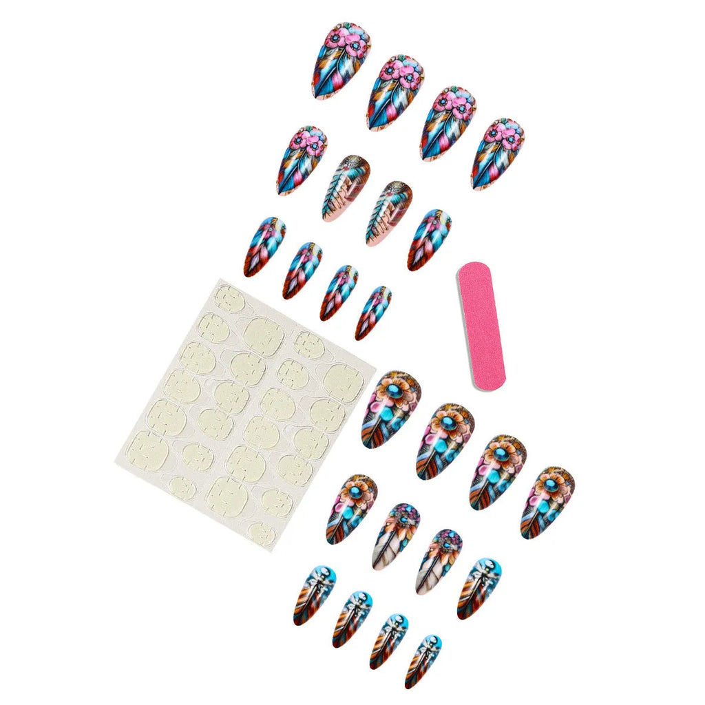 Plastic nail art set with colourful retro feather armour, cartoon, and floral patterns.