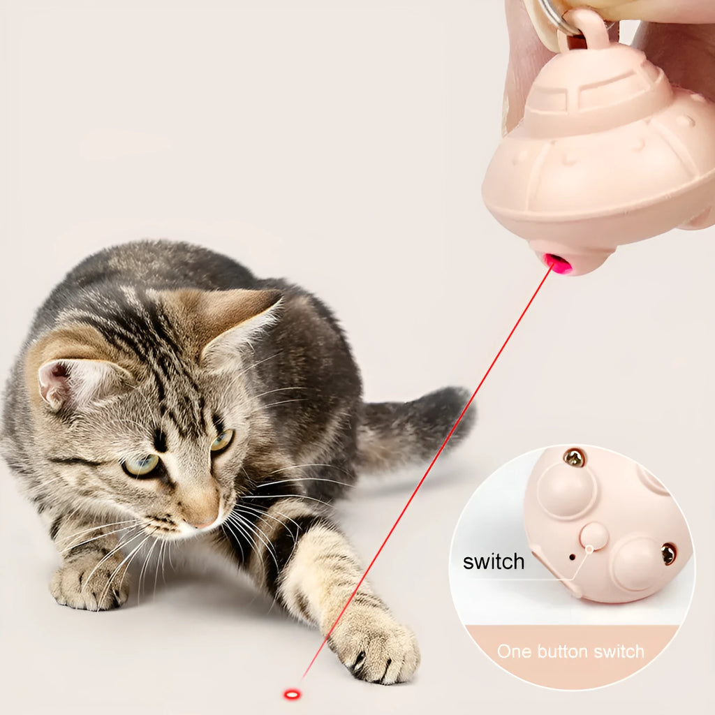 Green cat collar laser toy with USB charging and 360° rotation on a pink cat collar