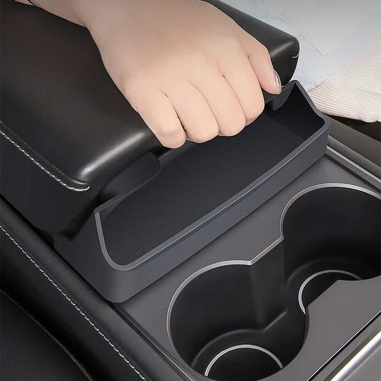 Black silicone Tesla Model 3 and Model Y central armrest glasses case for interior organisation