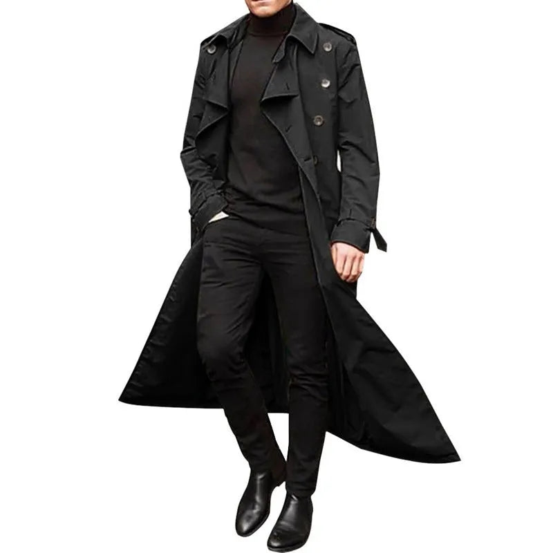 Men's long trench coat with epaulettes, chemical fibre blend, black, green, khaki, orange, Asian sizes