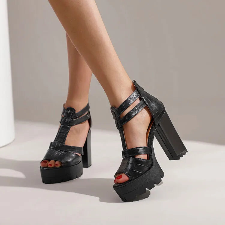 Women's black PU platform high heel sandals with a back zipper and round toe.