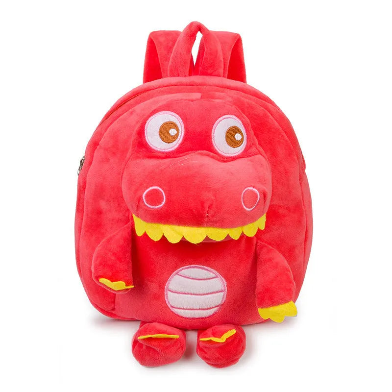 Blue dinosaur plush backpack for children with embroidery detail and soft handle