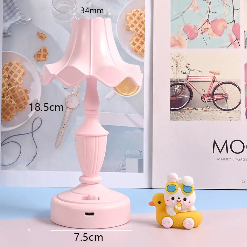 Cream retro simple DIY table lamp with pink or white flowers, lead-acid battery and USB cable