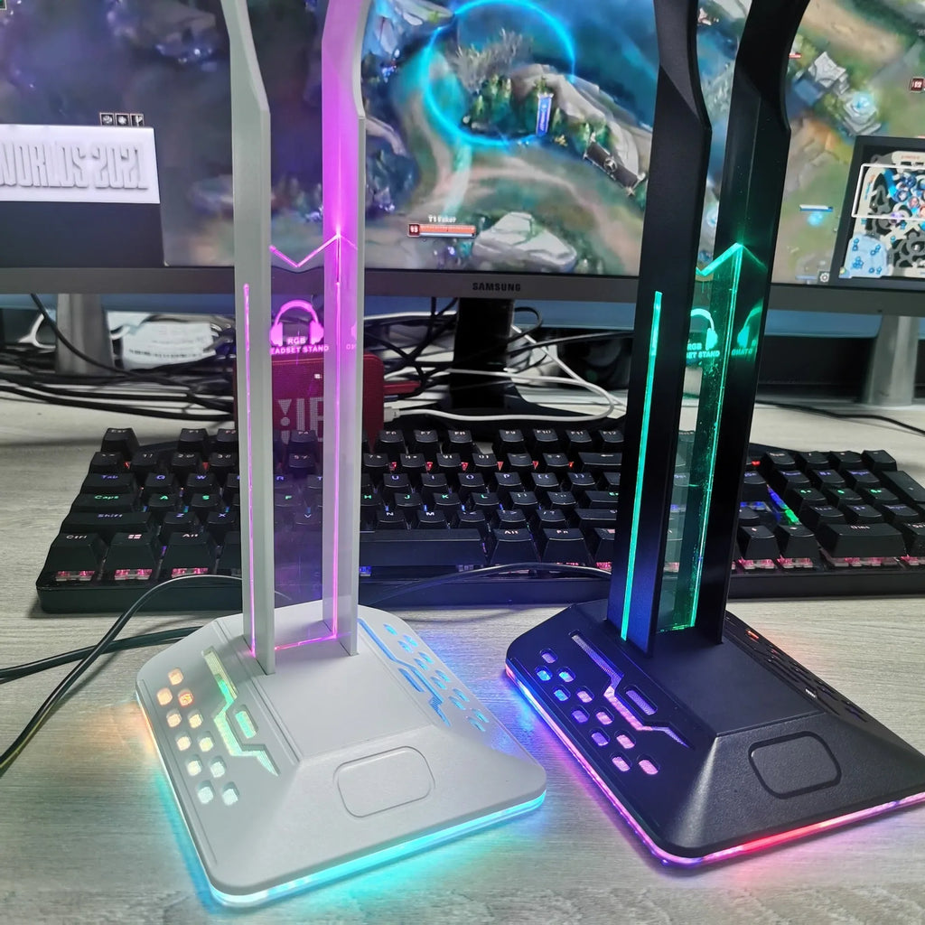 RGB colour-changing headphone holder with dual USB ports on black acrylic stand