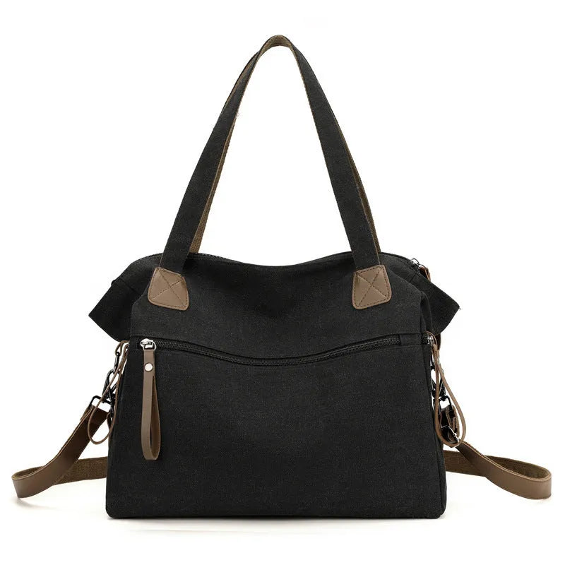 Large capacity canvas shoulder bag for women with zipper, phone and file pockets in grey, black, brown or khaki