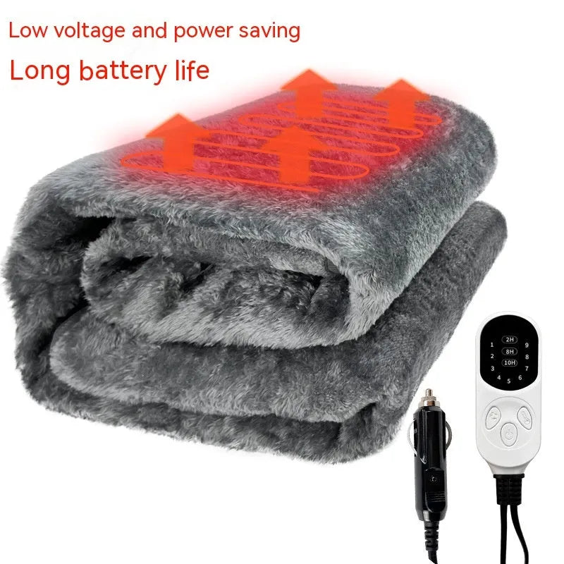 Grey 12V car electric blanket with cigarette lighter plug and temperature control, shown in single and double size options
