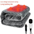 Grey 12V car electric blanket with cigarette lighter plug and temperature control, shown in single and double size options