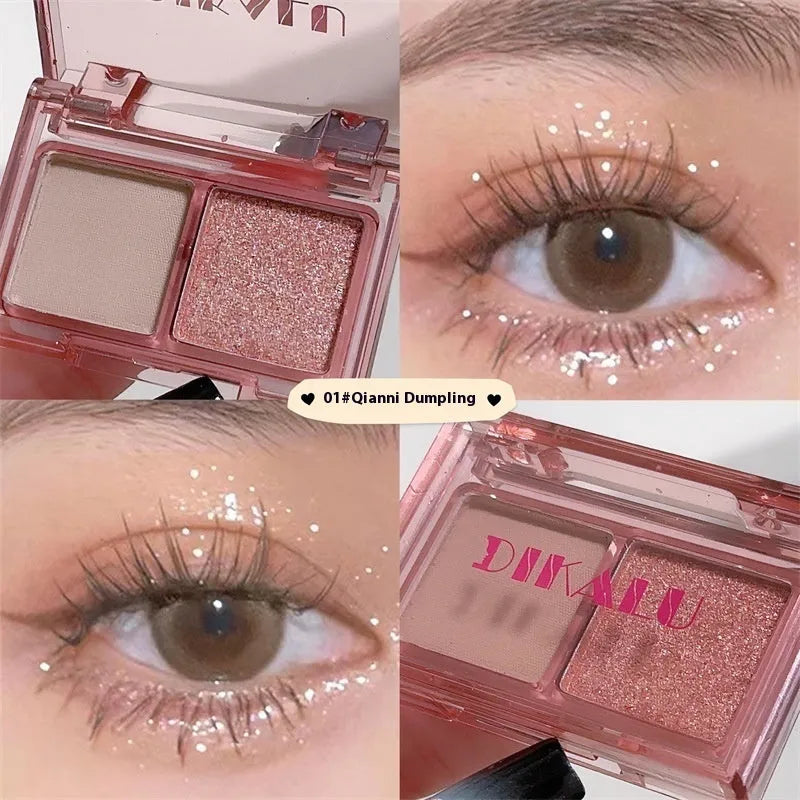 DIKALU two-tone eyeshadow palette showing pink and black colour pans with matte and shimmer finishes