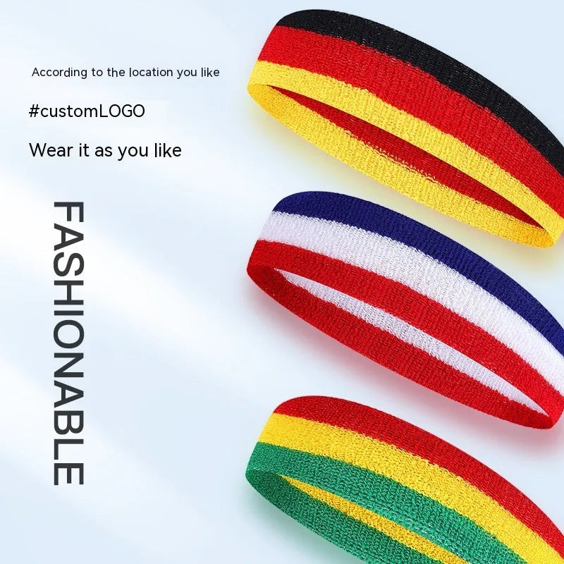 Colourful sports headband for adults in multicolour combinations, shown with 5.5x20 cm dimensions.