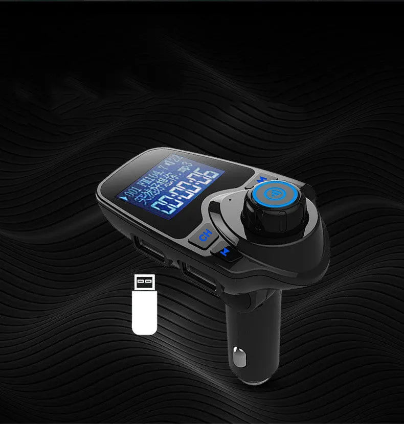 Black G7 Bluetooth car FM transmitter and hands-free kit plugged into a car's 12V socket.