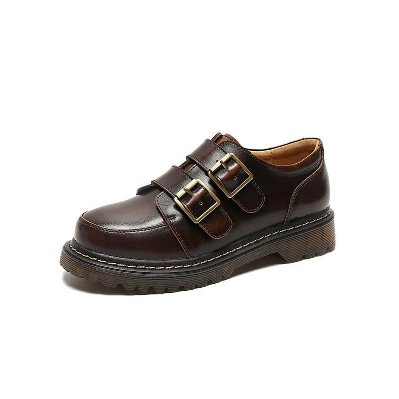 Women's retro double buckle pumps in black or brown genuine leather, flat 0-1cm heel, round toe, sizes 34-41.