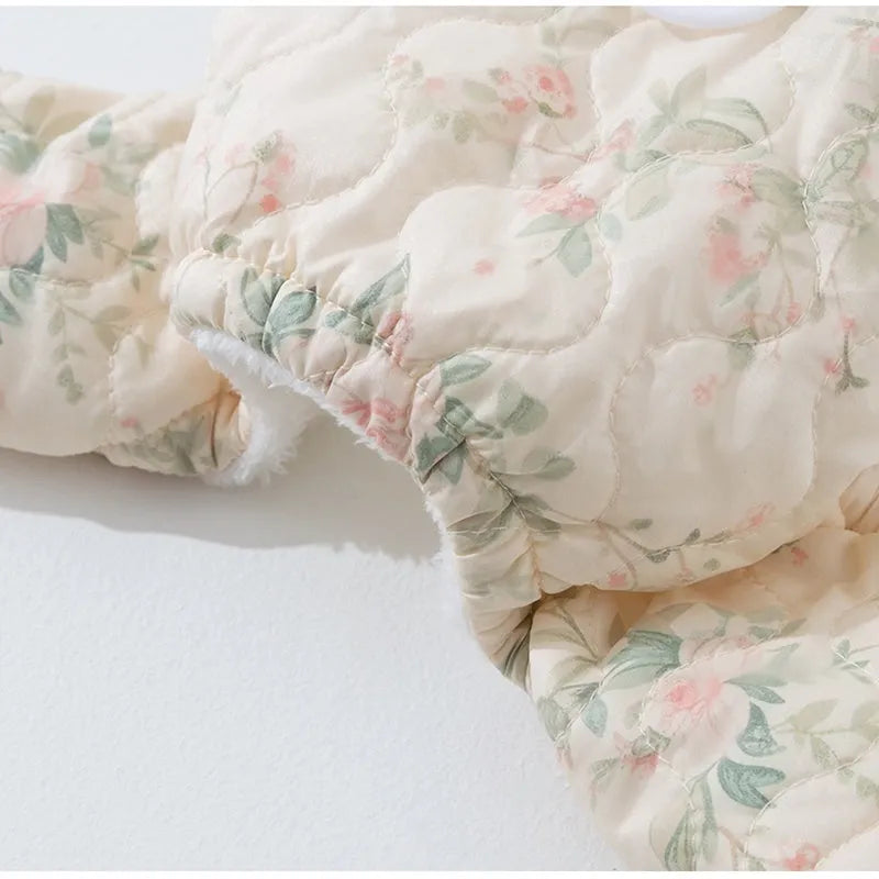 Thick cotton-padded 4-legged dog overalls with Chinese floral pattern faux fur collar and pearl-like buttons in blue
