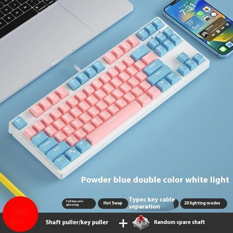 87-key wired mechanical keyboard with hot-swappable switches showing multiple colour combination options