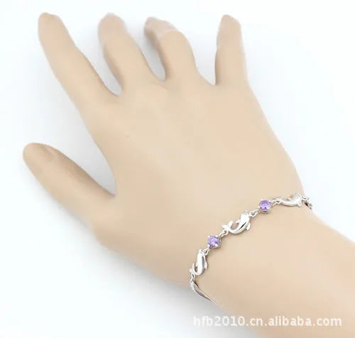925 sterling silver dolphin amethyst bracelet with heart pendant and diamond inlay in purple and white