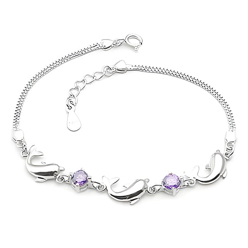 925 sterling silver dolphin amethyst bracelet with heart pendant and diamond inlay in purple and white