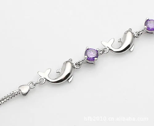 925 sterling silver dolphin amethyst bracelet with heart pendant and diamond inlay in purple and white