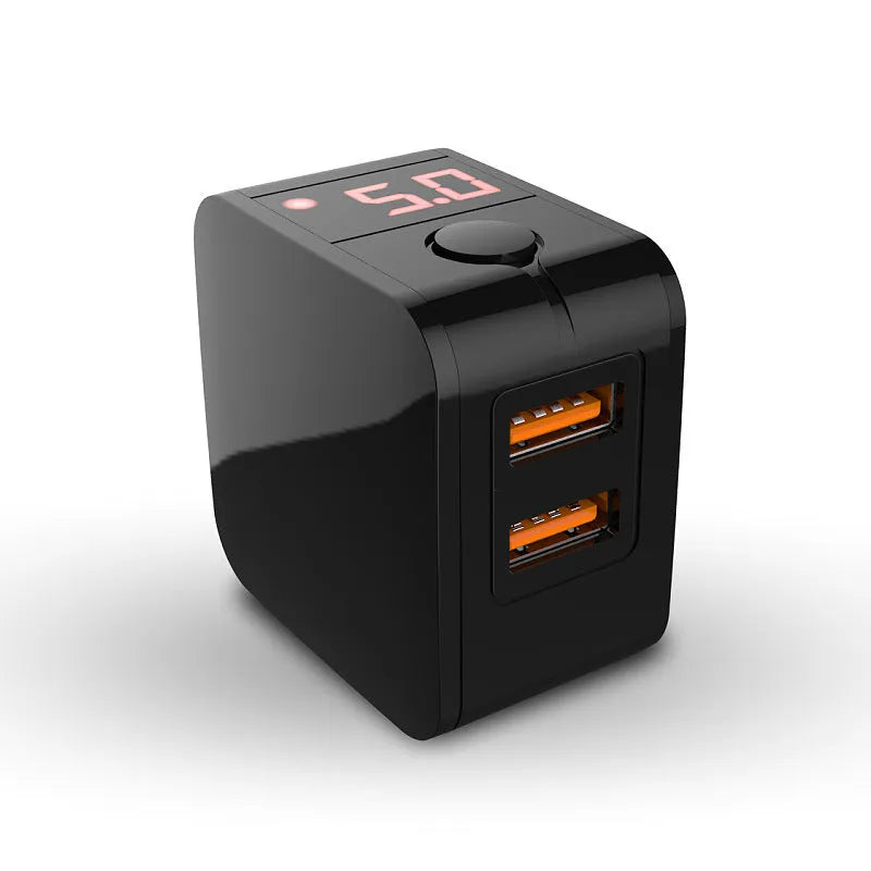 Black dual USB fast travel charger with digital display showing charging status and EU standard plug.