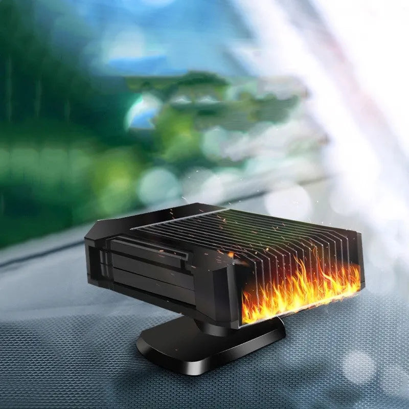 Black ABS plastic 12V car heater defroster with cigarette lighter plug for windscreen defrosting and summer fan use.